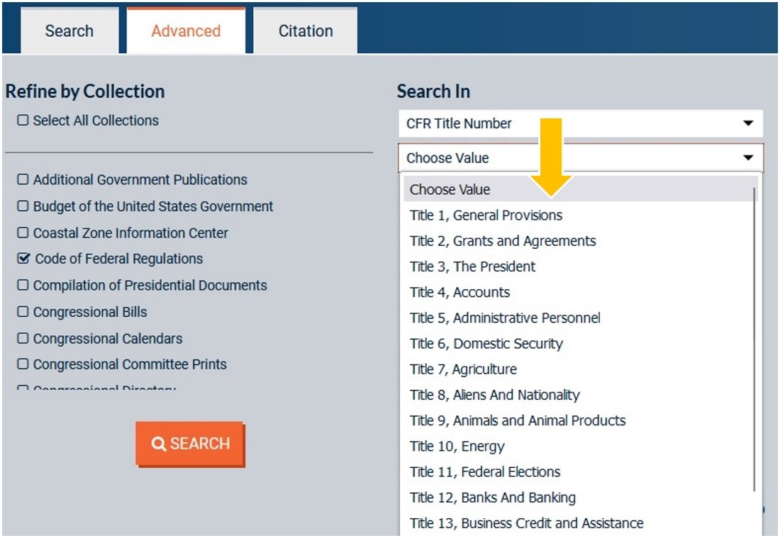 Image of the new titles displayed on Code of Federal Regulations advanced search. Source: GPO