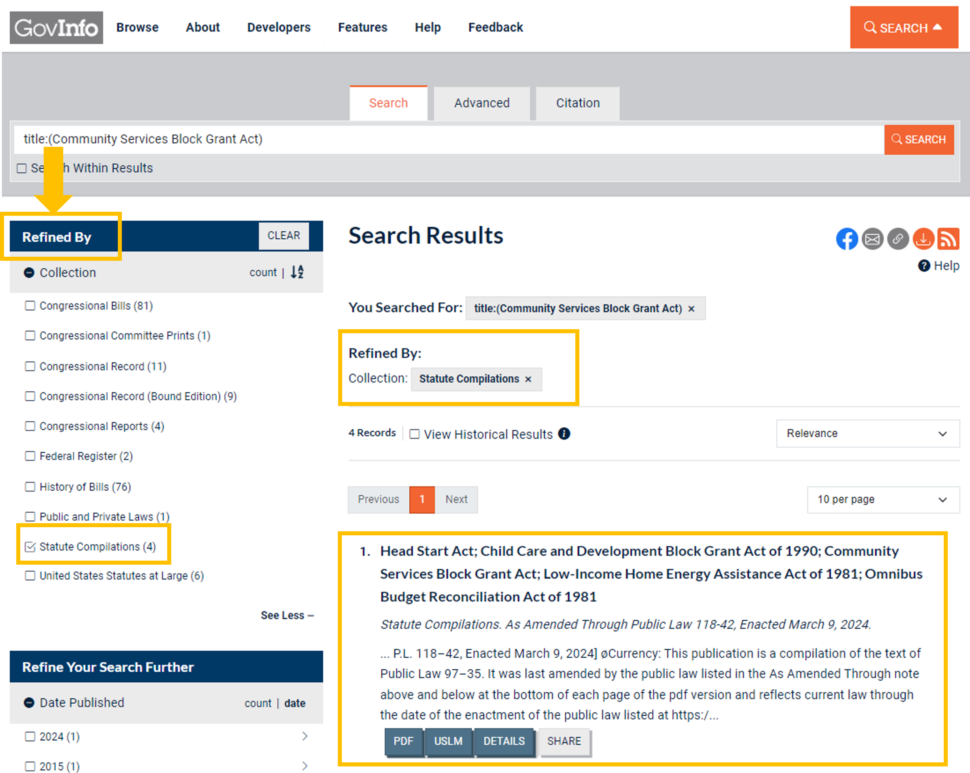 Image of advanced search on Statute Compilations with title. Source: GPO