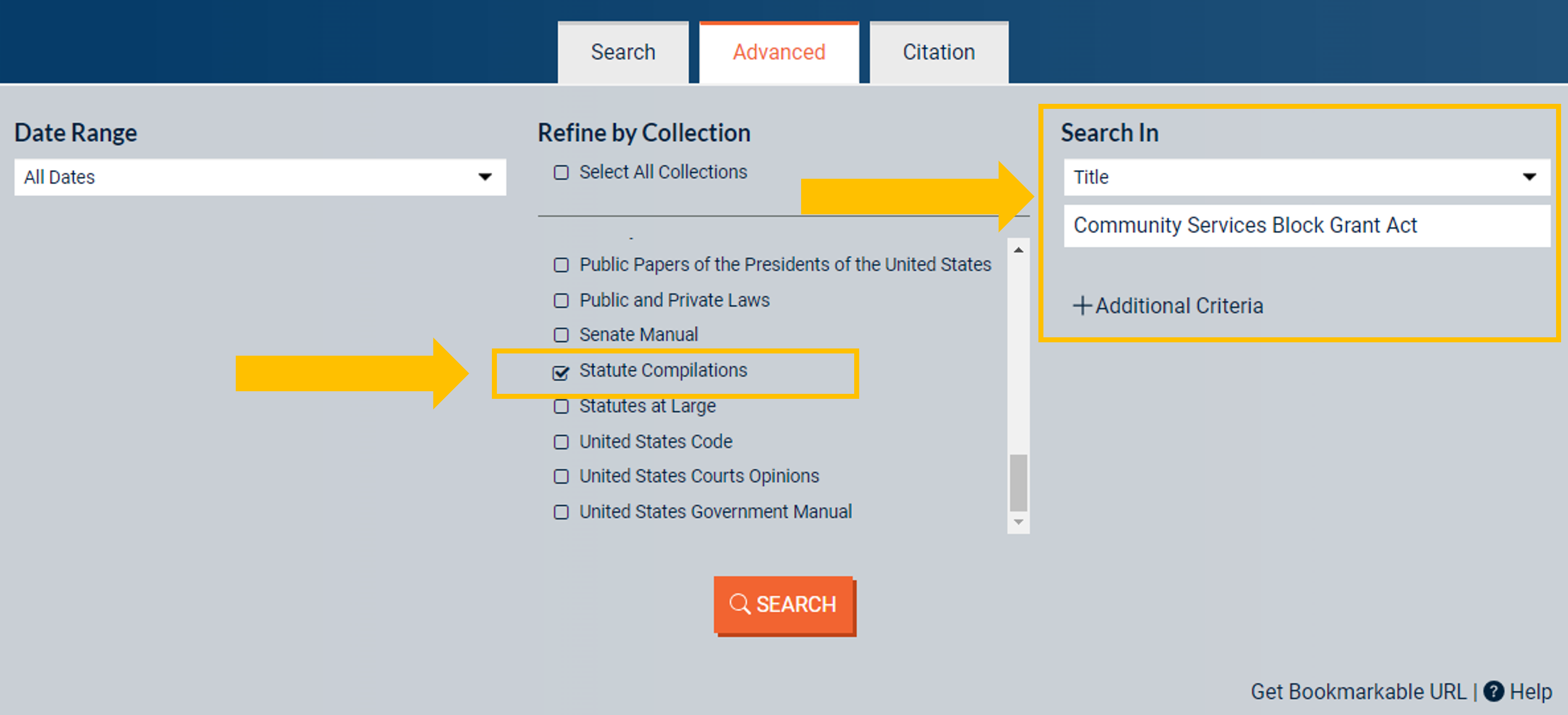 Image of advanced search on Statute Compilations with title. Source: GPO