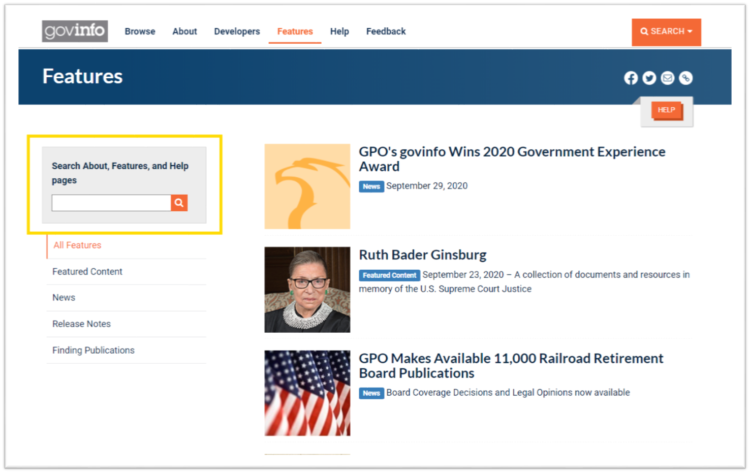 Screenshot of the govinfo.gov/features page with a yellow box around the search box on the left of the page.