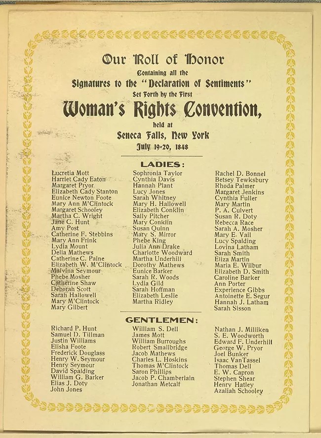  Image of the Roll of Honor with names of the signers of the Declaration of Sentiments (Source: National Park Service/Library of Congress)